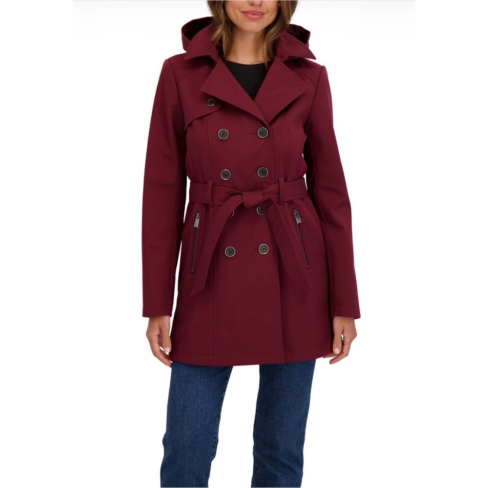 Sebby Collection Burgundy Double Breasted Trench Coat Water Resistant Hooded XL